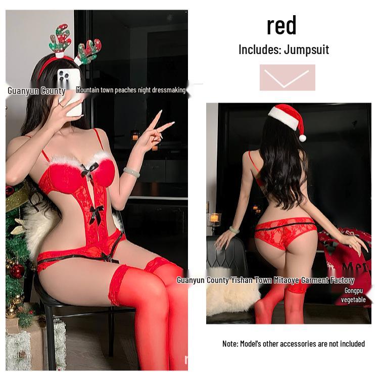 Festive Red Lace See-Through Bodysuit - Sexy Strappy Lingerie for Holidays