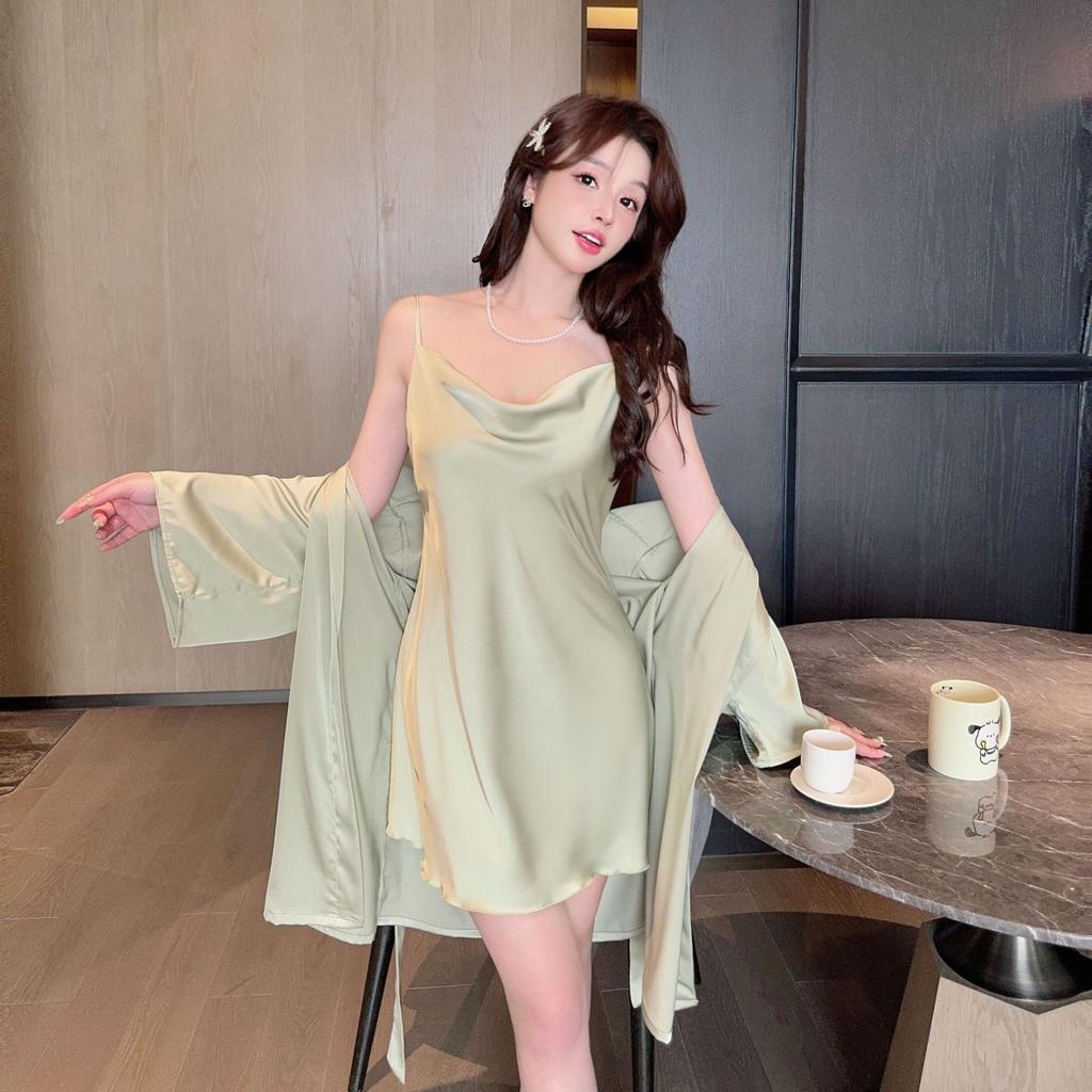 Swinging collar suspender nightdress women's summer ice silk year new sexy with chest pad pajamas pajamas loungewear set