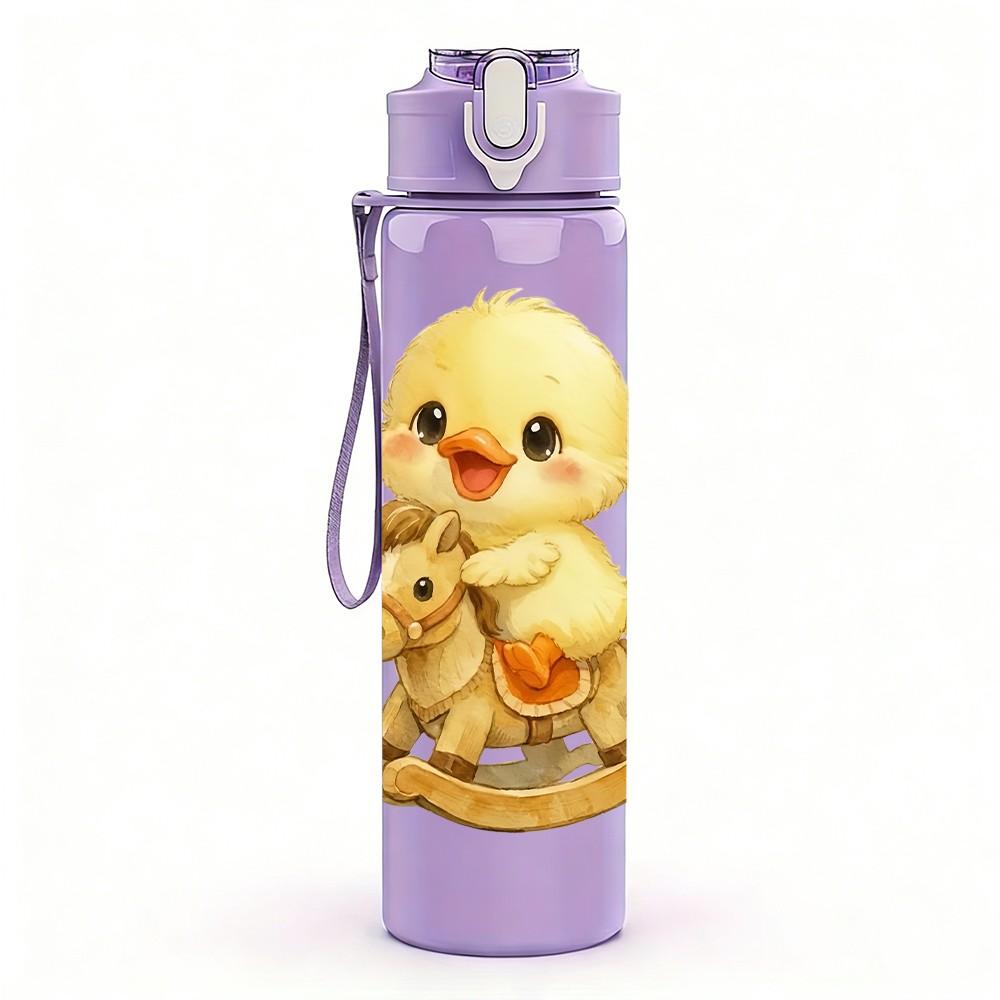 1PC Chick On Rocking Horse Print 750ml Color Plastic Sports Water Bottle Leakproof Flip Straw Lid Suitable for Sports Office Home Use