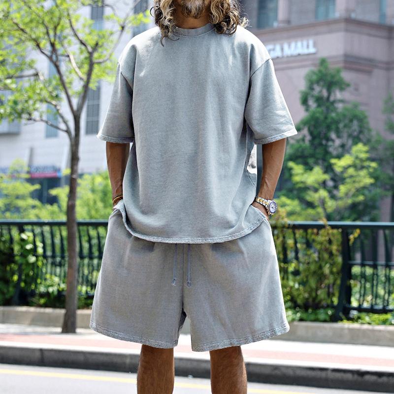 Sommer Herren Set Japanischer Stil Übergröße Lässig Locker Sportanzug Kurzarm T-Shirt Shorts Zweiteiler Herrenbekleidung