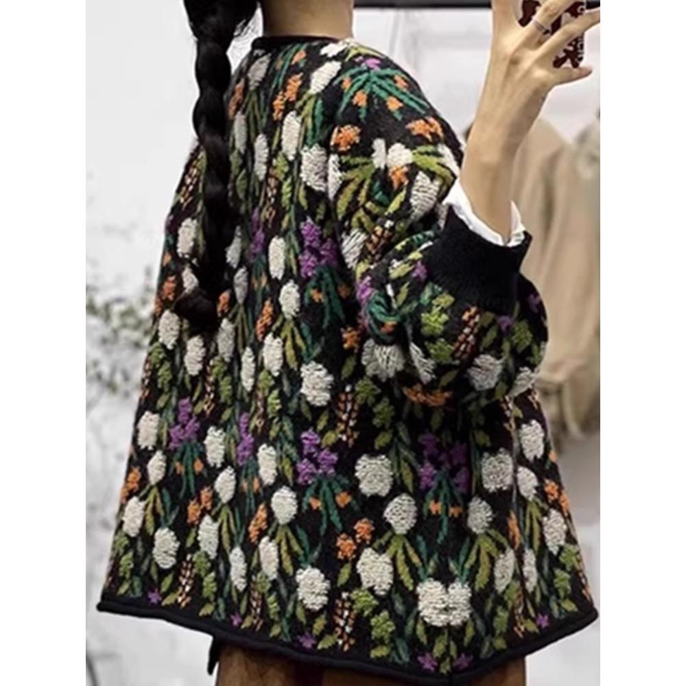 Sweaters Flower Coat Cardigan Autumn Women Print O-Neck Bat Sweaters Knitting Loose Sweater Green