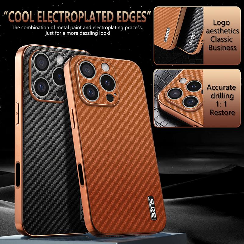 AZNS Pro pouzdro pro iPhone 16 Pro Max Elektroplating Textura karbonových vláken PU+TPU Kryt na telefon