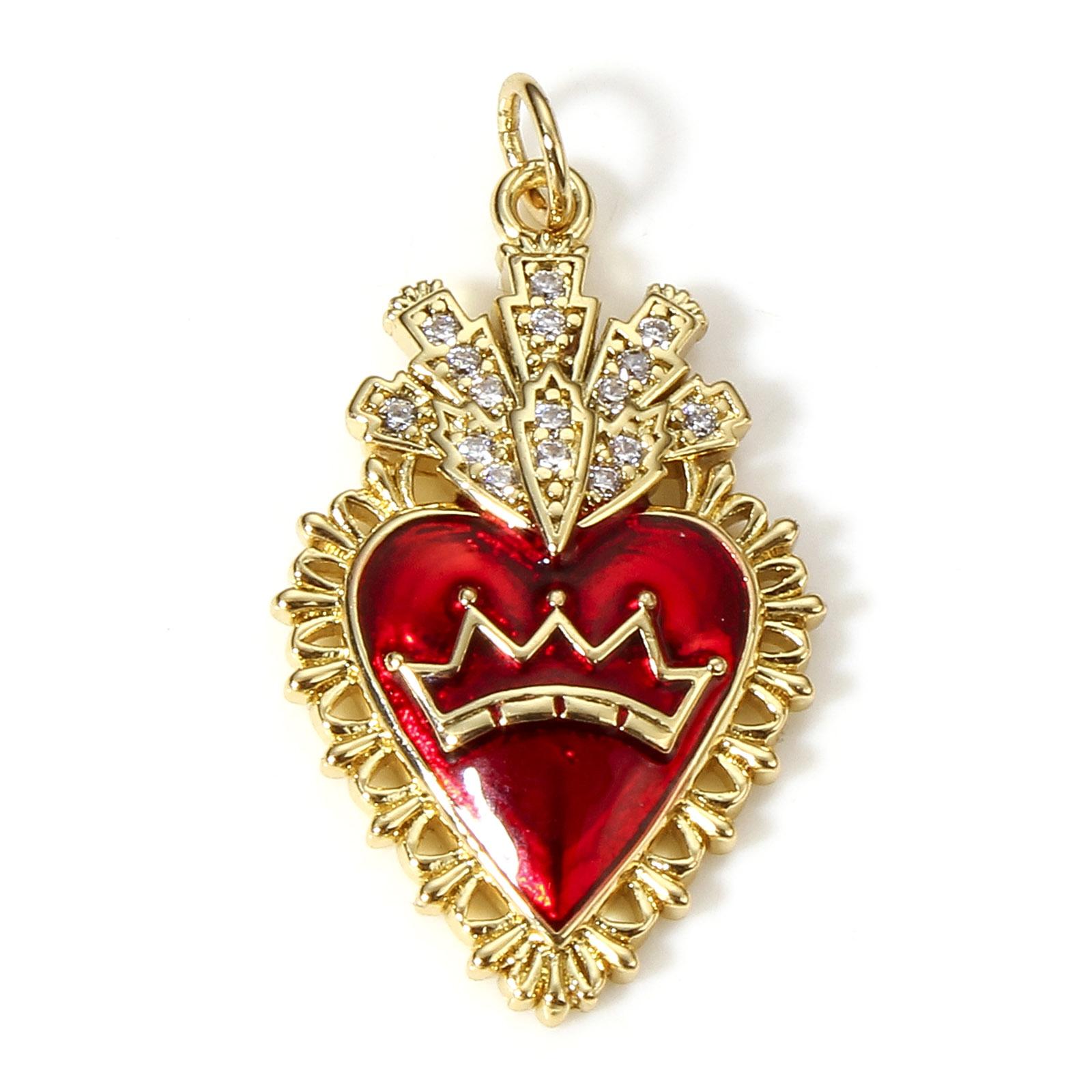 

1 Piece Classic Red Religious Heart Charms For Jewelry Making Gold Color Ex Voto Pendants Clear Cubic Zirconia Necklace DIY