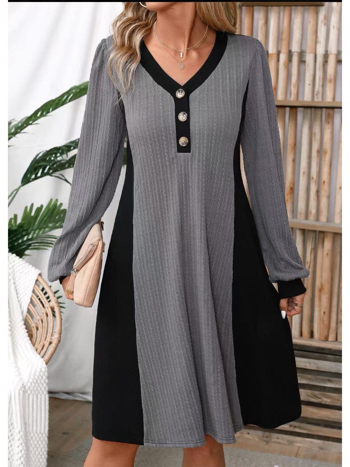 

Весеннее европейское и американское платье с V-образным вырезом на пуговицах в полоску, свободного кроя, вязаное - Повседневное с длинным рукавом L серый