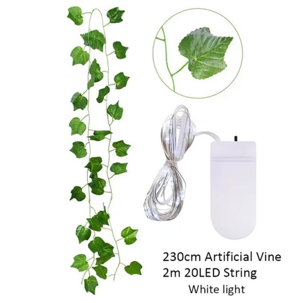 2.3m Fake Creeper Green Leaf Ivy Vine with 2m LED String Lights - Home Wedding Party Hanging Garland Artificial Flower