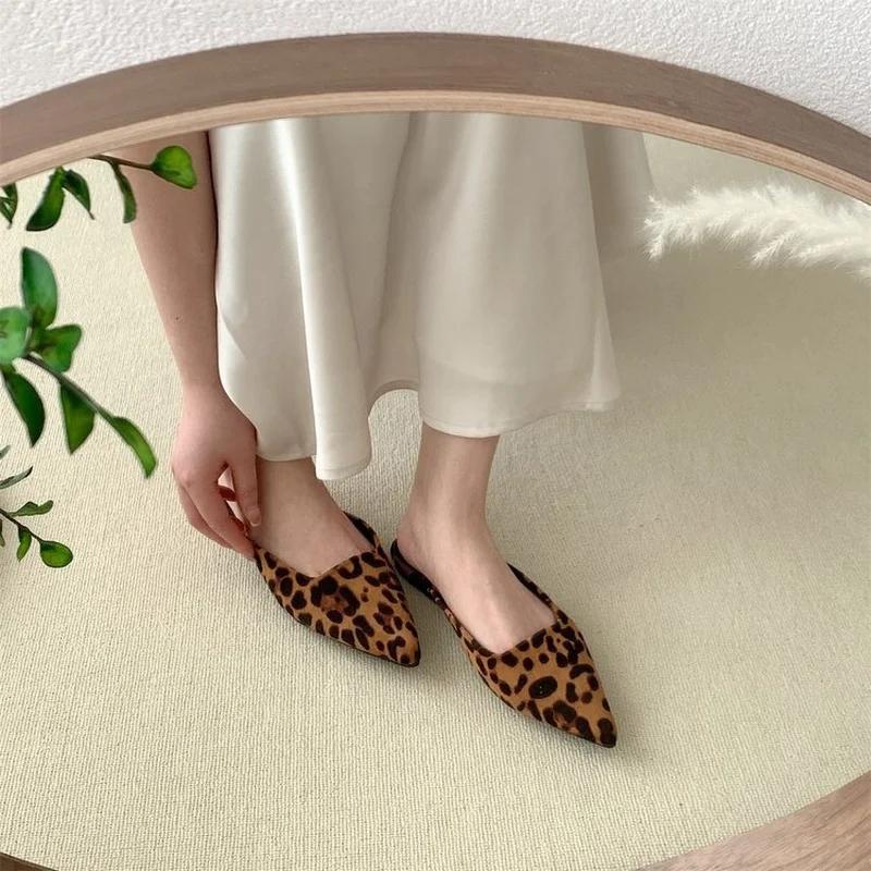 Fashion Women Slippers Pointed Toe Leopard Design Shallow Slip On Thin Low Heels Black Flock Design Casual Mules Loafers Black Outdoor