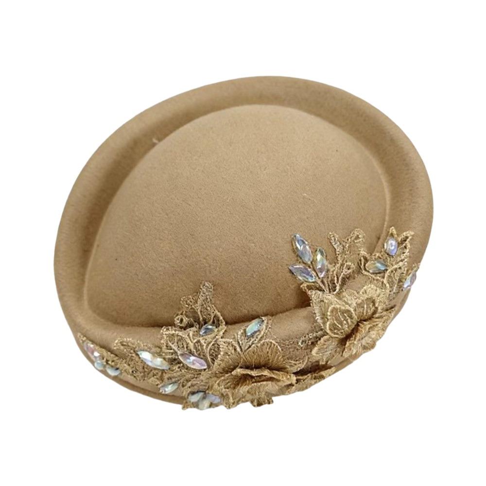 New British Retro Top Hats Diamond Flower Applique Formal Stewardess Hat Concave Top Solid Flight Attendant Hat for Party