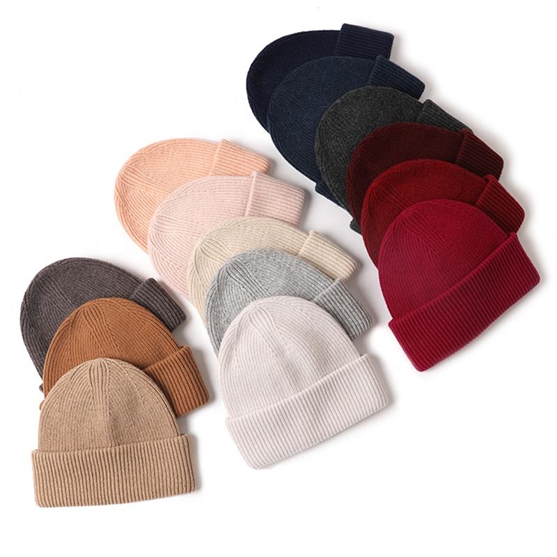 Custom Cute Luxury Warm Lambs Wool Knitted Beanie Winter Cashmere Bennie Women 100% Pure Wool Beanie Hats With Logo Xlm