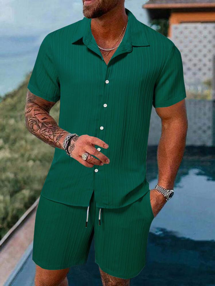 2023 Men's Casual Short-Sleeve Shirt and Shorts Beach Suit - European & American Summer Style