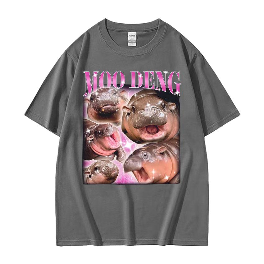 Cute Moo Deng Baby Hippo Funny Meme T Shirts Men Women Casual Cotton Short Sleeve Tshirt Vintage Hip Hop Streetwear Tshirt Tops