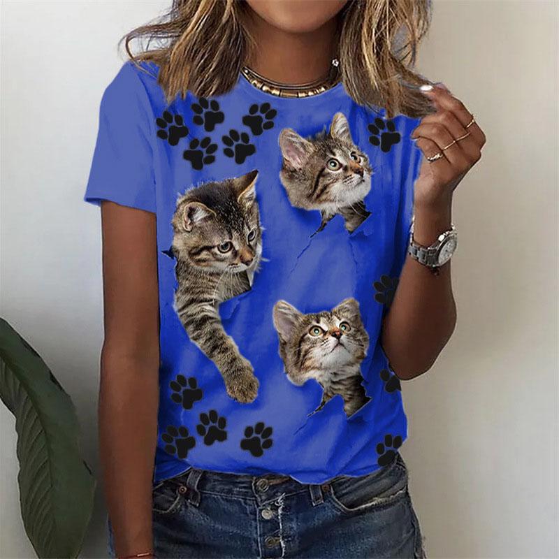 Women's 3D fun cat print T-shirt, casual fashion shorts, Y2K sleeve T-shirt, Harajuku streetwear, T-shirt, women's clothing