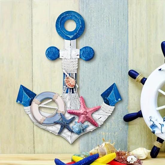 Nautical Wooden Wall Decor Vintage Blue White Coastal Wall Art with Starfish for Beach Theme Bathroom Living Room Bedroom Decor