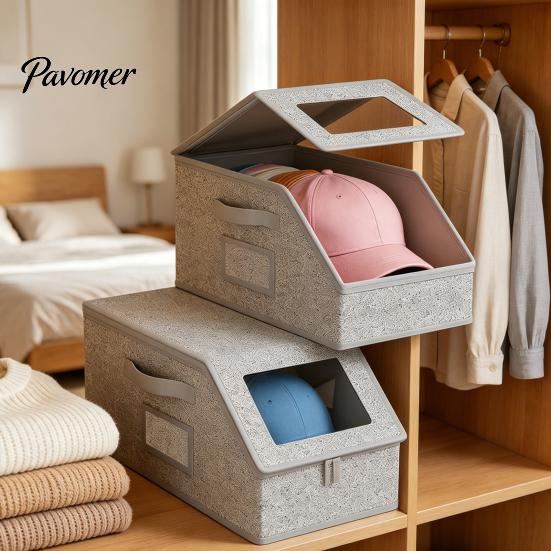 Baseball Cap Storage Box Organizer, Stackable Hat Box, with Clear Window Lid Durable Design, Container for Caps Snaps Trucker Hats Dustproof