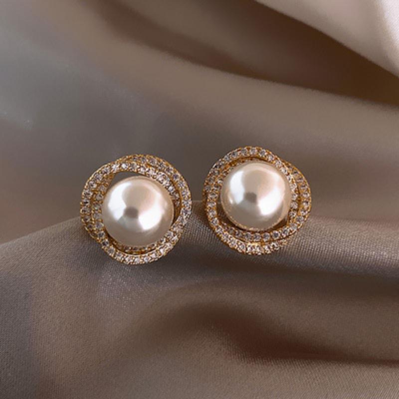 Inlaid Rhinestone Pearl Stud Earrings Women Personality Fashion Unique Design Earrings Wedding Jewelry Birthday Gift