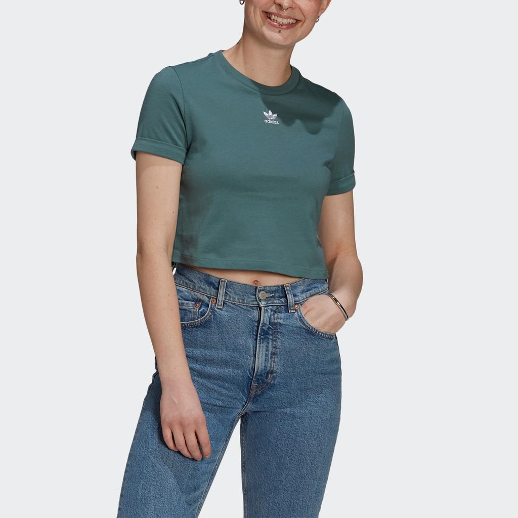 adidas Originals Trefoil Crop Top Logo Round Neck Sports Short Sleeve T-Shirt Women Tops Green GN2808