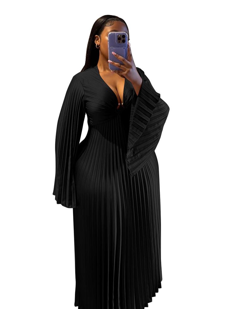 Women's Deep V Neck Long Sleeve Pleated Dress with Side Slit