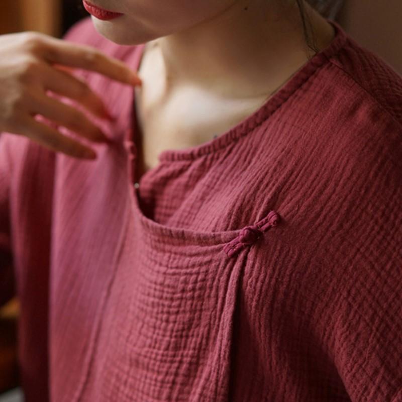 Johnature Kvinner Vintage bomullsskjorter Topper V-hals Langermet vårbluser Ensfarget knappe skjorter i kinesisk stil