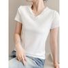 Summer New Arrival Student White Personality V Neck Lace Hooded Minimalist Casual Shoulder Slim Looking Short Sleeve T-shirt Bottoming Shirt