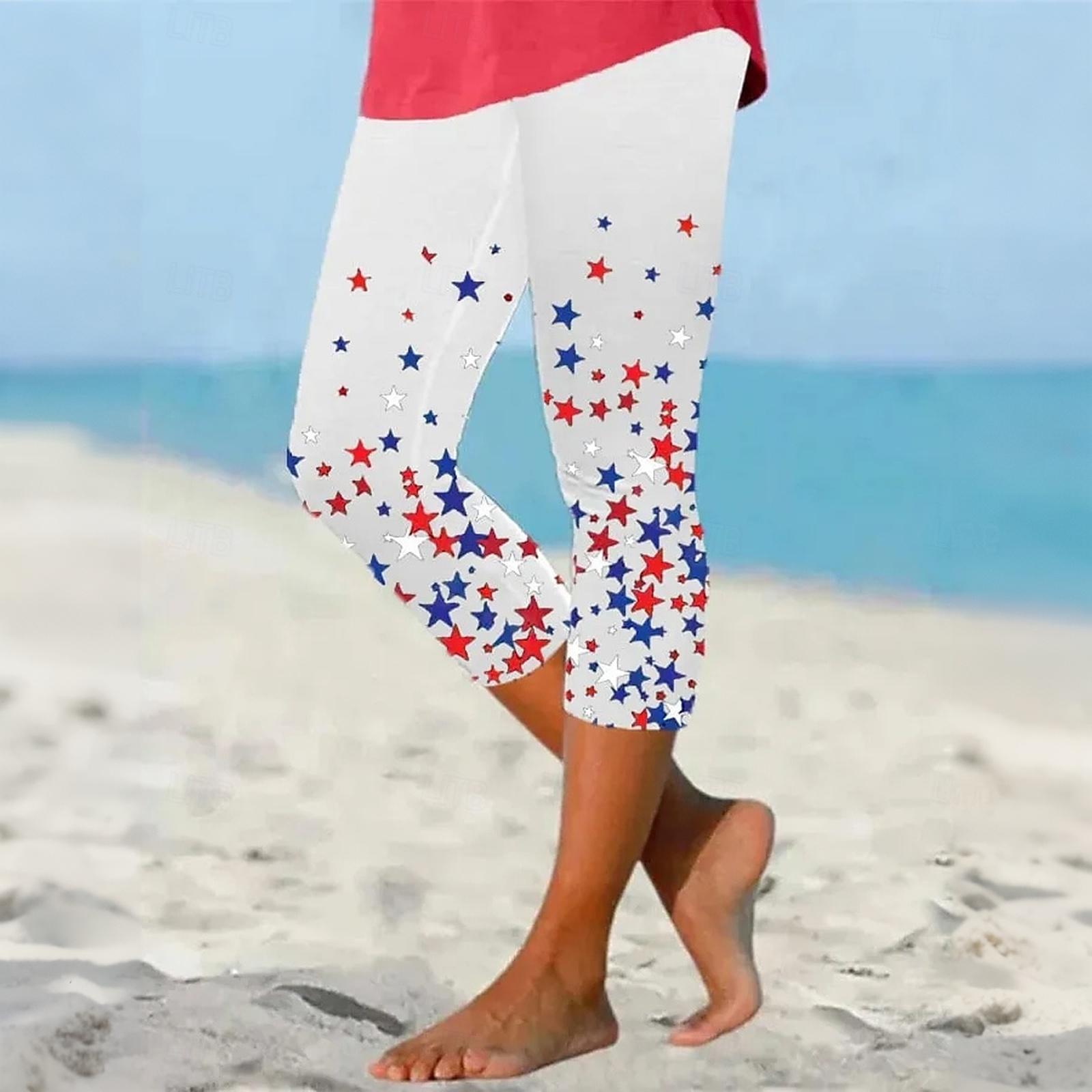 

Women’s Elastic Waist Capri Leggings with Star Print Stretchy Slim Fit Seven Eighths Length Casual Beach Pants for Summer XL небо синє кольору