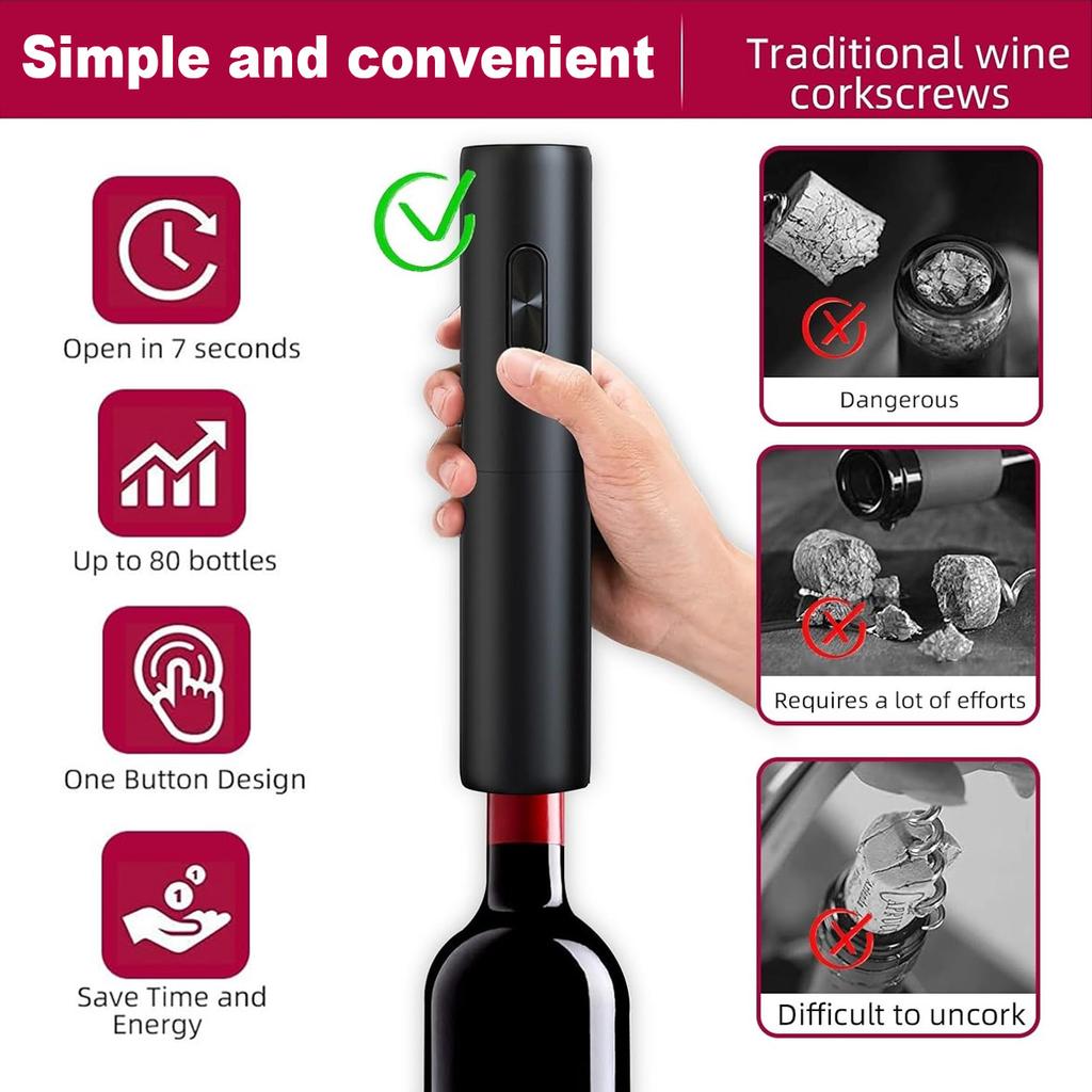 Electric Wine Opener, Electronic Wine Opener Automatic Corkscrew, Battery Operated One-Touch Opening Easy to Use for Gifts