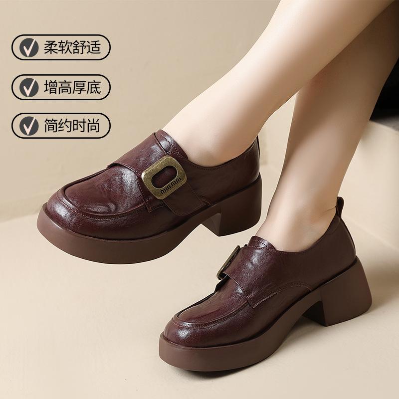 British Fashion Women's Loafers 2025 Autumn New Soft Leather Round Head Platform Shoes Thick Heel Retro Small Leather Shoes
