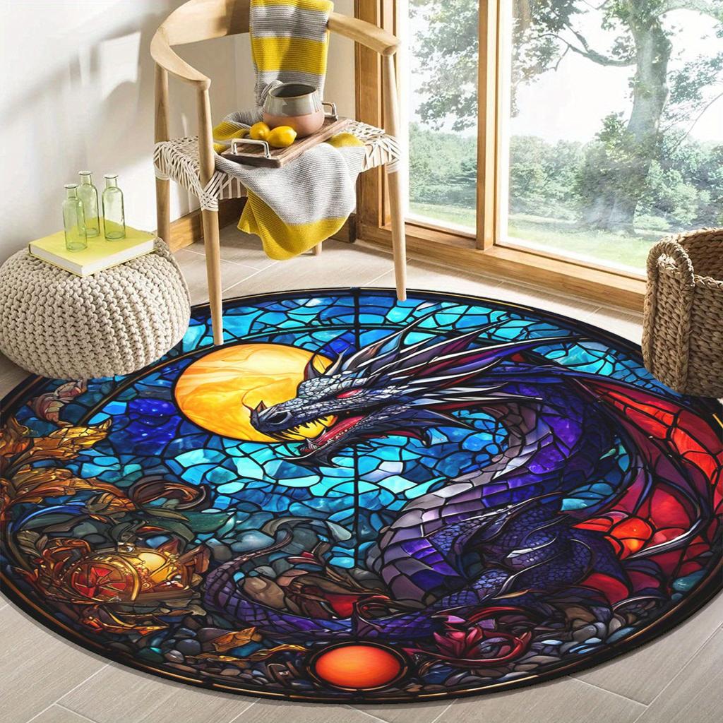 Vibrant Stained Glass Dragon Round Rug – Anti-Slip, Durable Polyester Carpet with Cosmic Design, Rich Blues, Purples, Reds & Ora