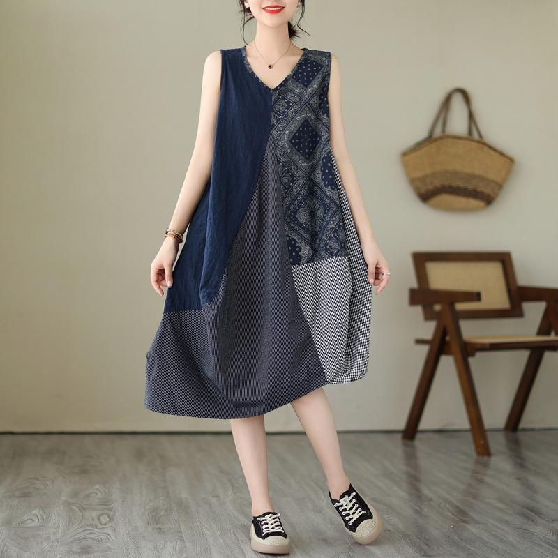 Women's Art Style Splicing Halter Vest Dress In The Long Irregular Swing Dress