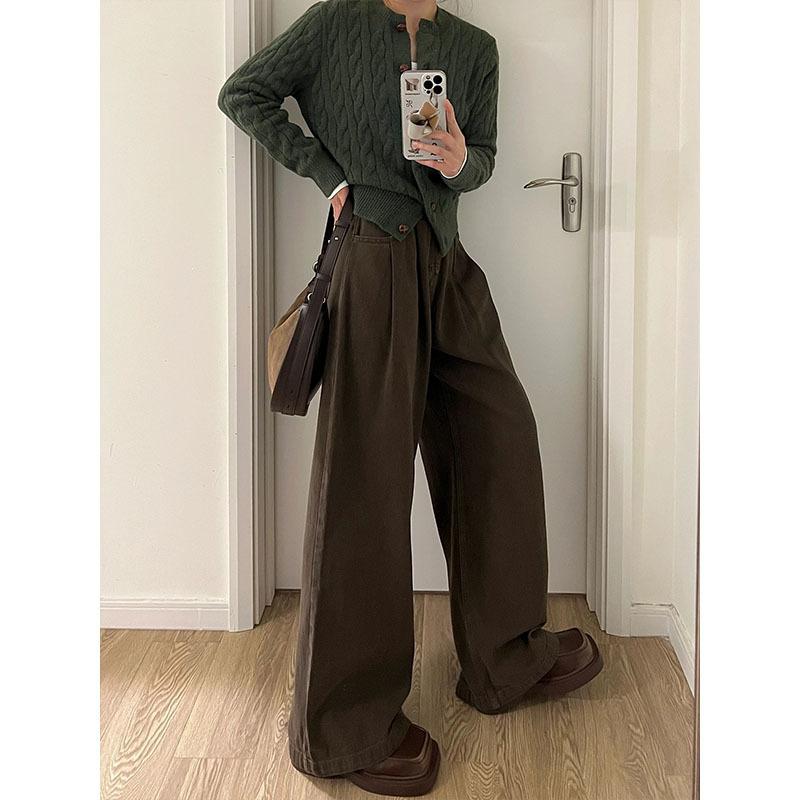 

Свободные прямые джинсы женские весна новые ретро плиссированный дизайн высокая посадка и стройнящие брюки широкие штанины до пола S темно-коричневого