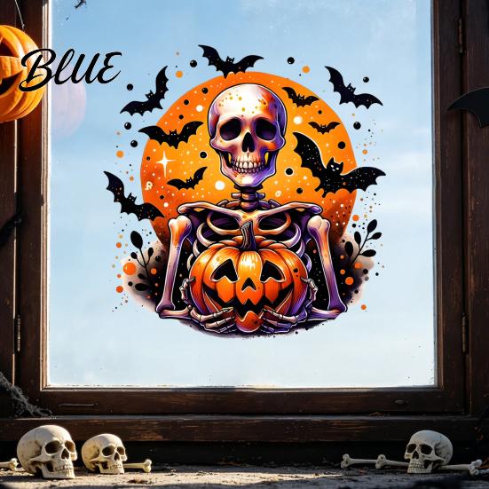 Waterproof Holiday Glass Stickers Halloween Static Window Clings Watercolor Pumpkin Ghost Skull Decals No Spooky Decals for Party Glue Living