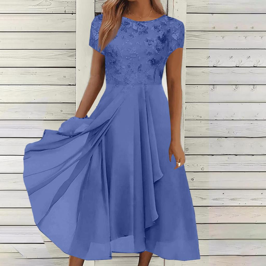 Women Chiffon Lace Patchwork Short Sleeve Maxi Dress Elegant Bridesmaid Evening Gown Flowy A Line Long Skirt for Formal Events