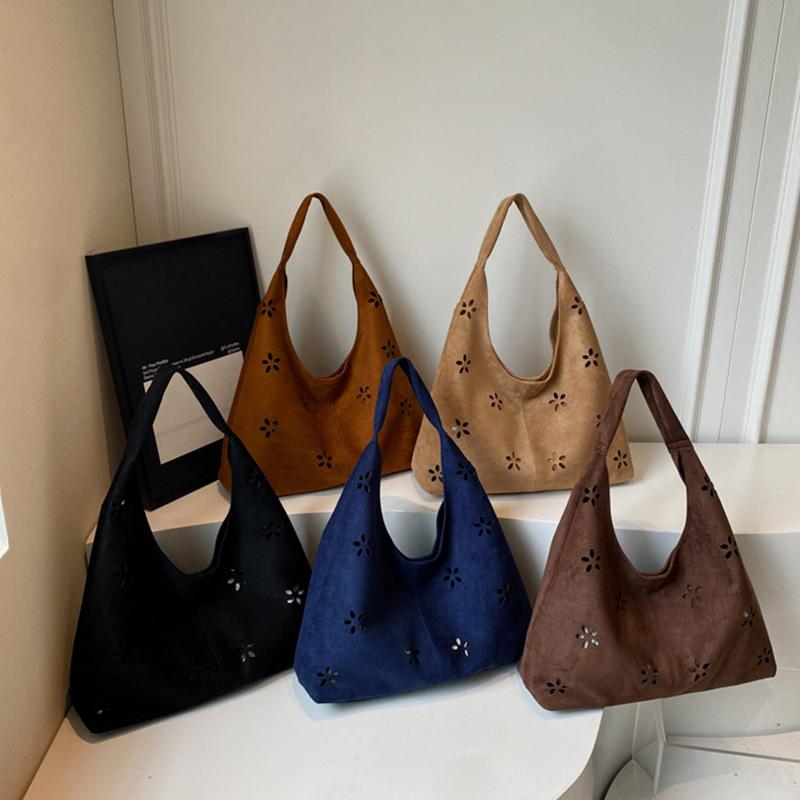 Faux Suede Women's Hollow Flower Shoulder Bags Matte Leather Female Underarm Bag Vintage Large Capacity Female Tote Handbags