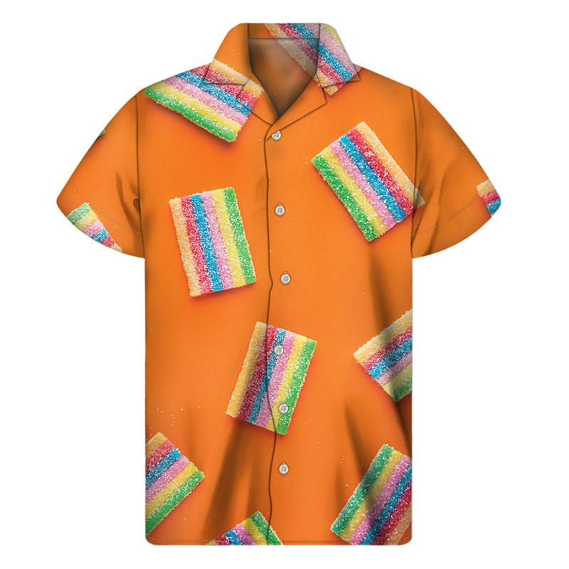 Colorful Candy Lollipop Hawaiian Shirt For Men Fudge Lapel Shirts Harajuku Fashion Short Sleeve Street Button Blouse