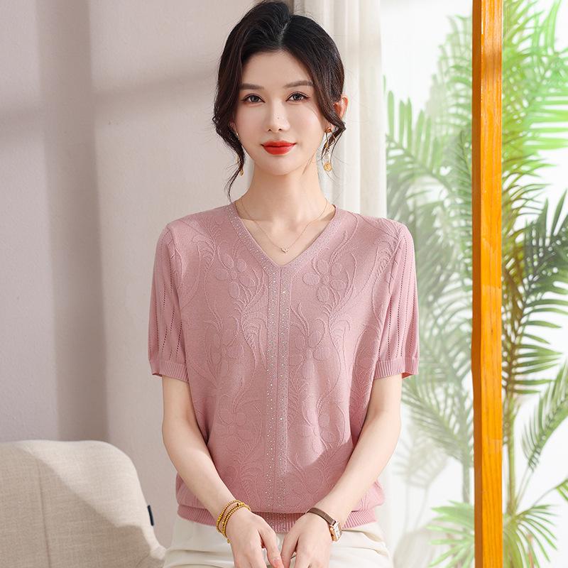 

Summer 2026 Stylish Ice Silk Knit Top for Moms – Short-Sleeve Thin Cardigan T-Shirt for Middle-Aged & Elderly Women L (Recommended 80-100 lbs) розовый