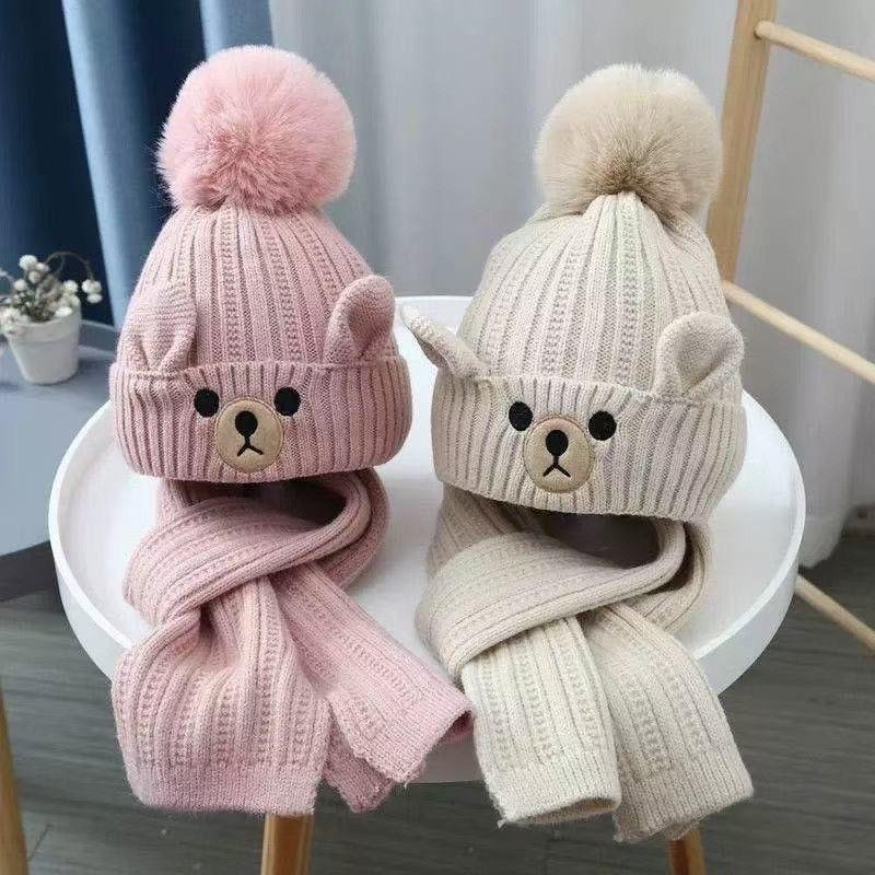 Children'S Two-Piece Hat And Scarf Set For Autumn And Winter Boys And Girls Knitted Scarf Warm And Versatile Woolen Hat