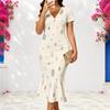 Women Plus Size V Neck Short Sleeve Plaid Printed Pink Grey Fitted Fishtail Dress