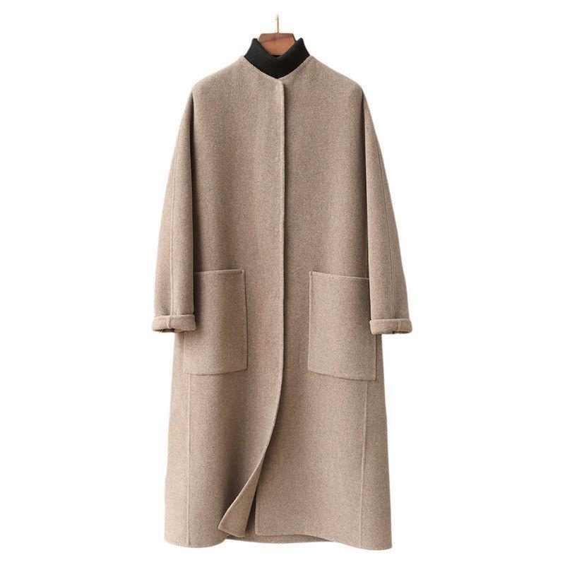 Women's Long Double-Faced Wool Coat: Round Neck, Slim Fit, 30% Cashmere, High-End Spring/Autumn Style