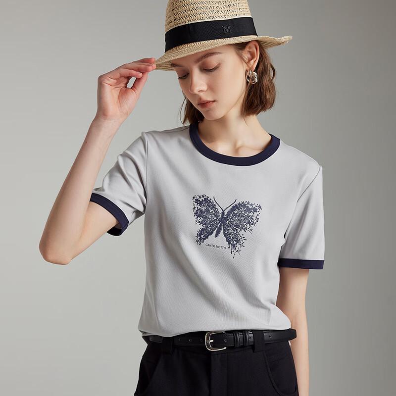 Wudao Women s Color-Block Collar Butterfly Print Cotton T-Shirt S