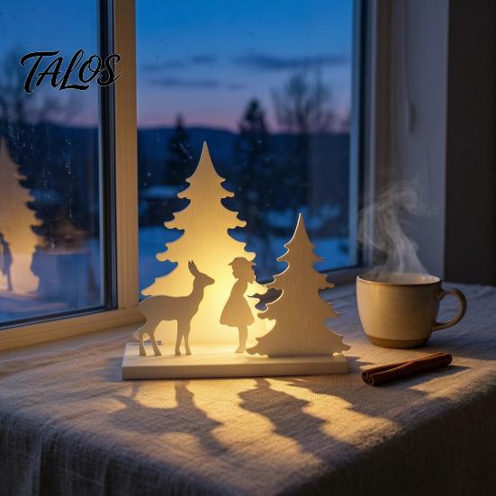 Stable Base Decorative Figurines Christmas Girl Reindeer Tabletop Decor, 3D Printed Fairy Tale Forest Silhouette White Deer Decor with Tree,