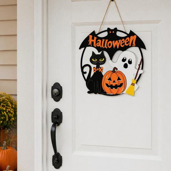 Weather Resistant Halloween Props Wood Hanging Ornament with Ghost Pumpkin Bat Cat Prints, Durable Ornaments Waterproof Front Door Sign for
