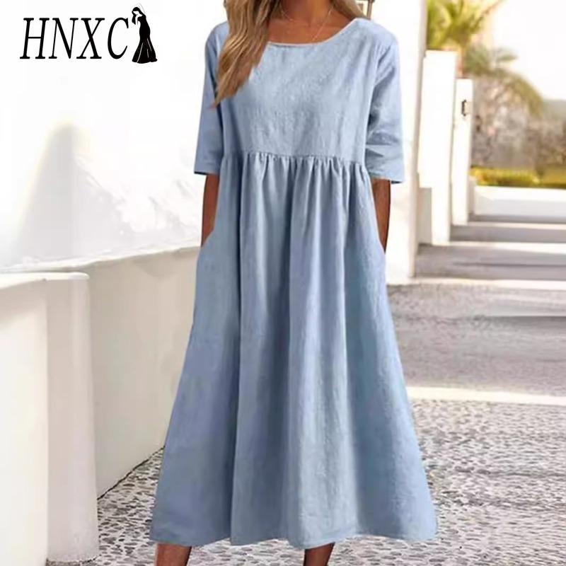 HNXC Women's Fashion Summer Spring Solid Color Print Short Sleeve O-Neck High Waist Casual Dresses