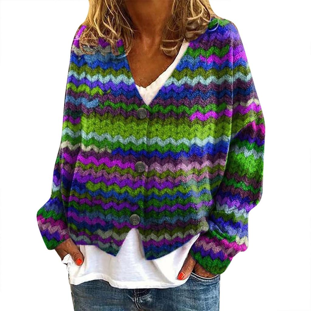 YNN-VK01 V-Neck Printed Cardigan Sweater with 3 Buttons - New Arrival