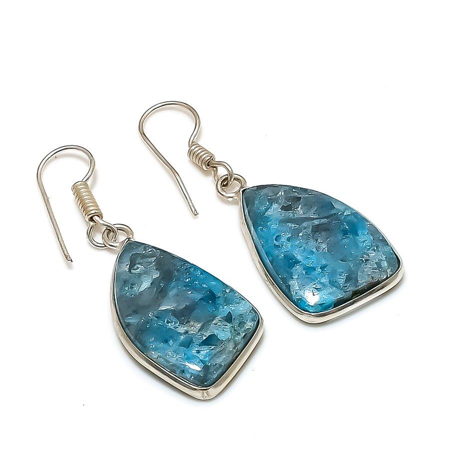 Natural Blue Apatite Gemstone Handmade 925 Sterling Silver Jewelry Earring 1.58" AE-13734
