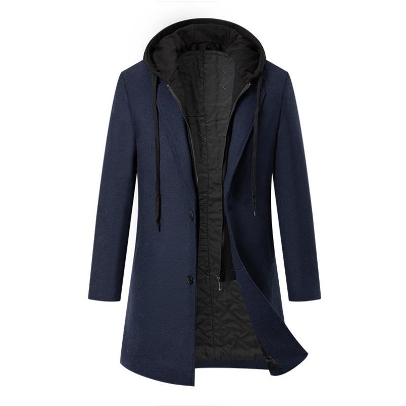 Autumn and Winter Thickened Hooded Fake Two-piece Mid-length Woolen Coat with Cotton Solid Color Slim Windbreaker Jacket