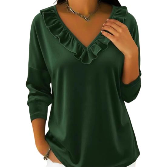 Damen Oberteile V-Ausschnitt Langarm Rüschenausschnitt Pullover Tops Einfarbig Locker Samtbluse Arbeit Party Date Wear