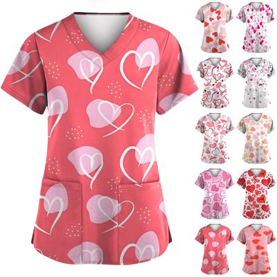 Women's Valentine's Day Printed Loose V-Neck Pocket Short Sleeve Uniform  Uniform