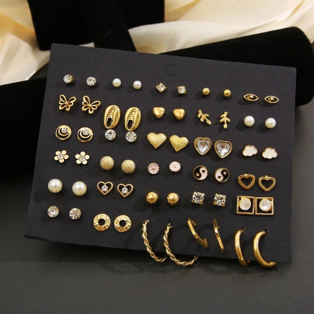 Women Pearl Stud Earrings Set Geometric Crystal Small Earrings 20-30 Pairs Fashion Jewelry