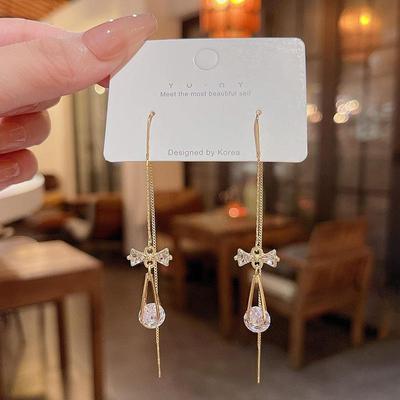 S925 Silver Needle Zircon Teardrop Tassel Bow Earrings - Trendy Female Celebrity Style