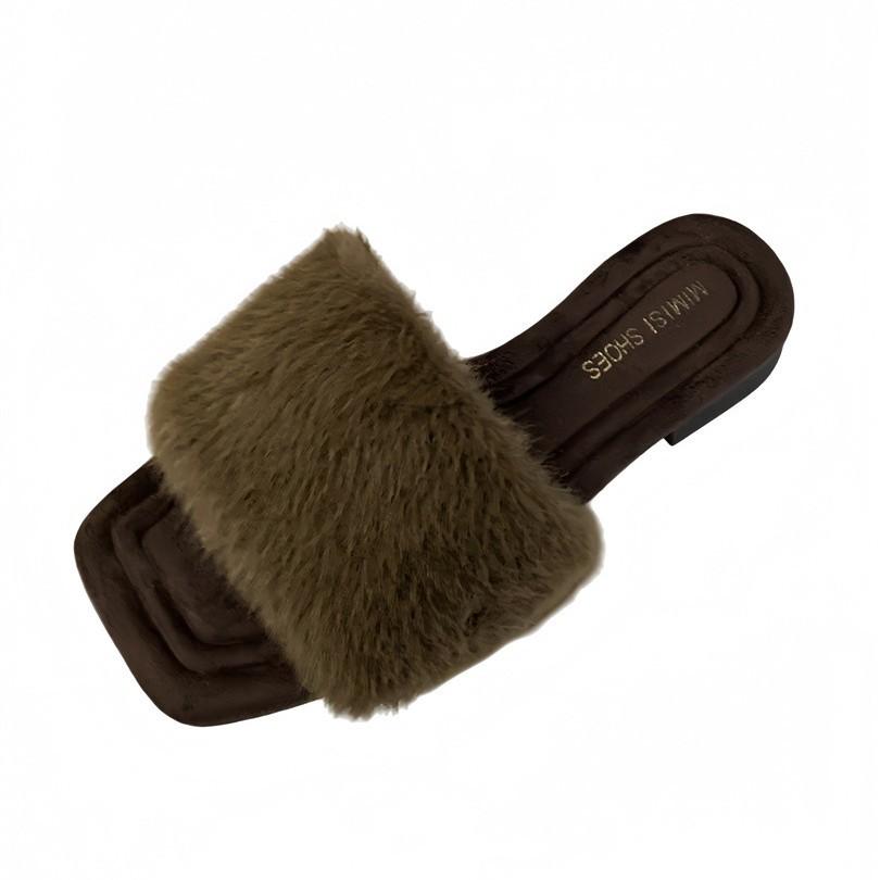 2025 autumn and winter new European and American slope heel French square head open-toed fluffy slippers women's shoes outside wear