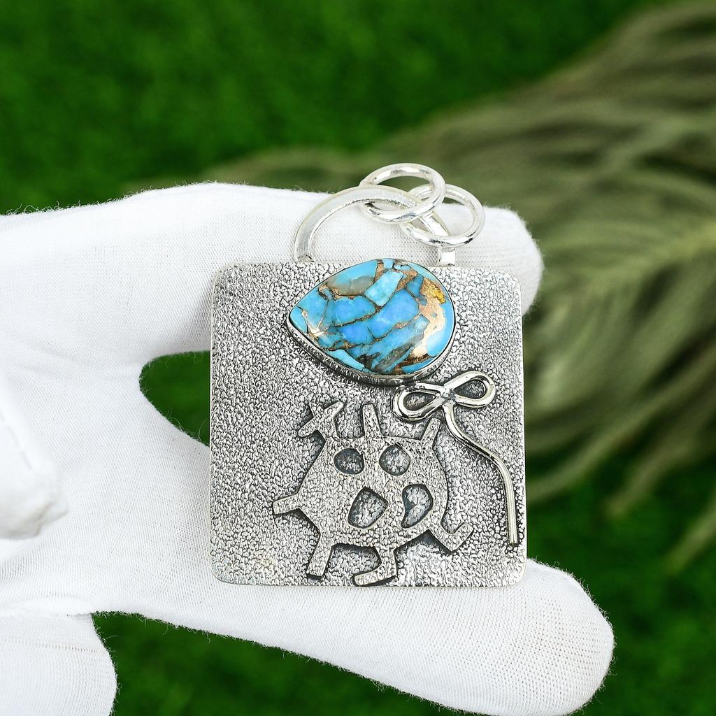 Friendship Day Sale 925 Silver Natural Copper Blue Turquoise Bezel Wife Pendant