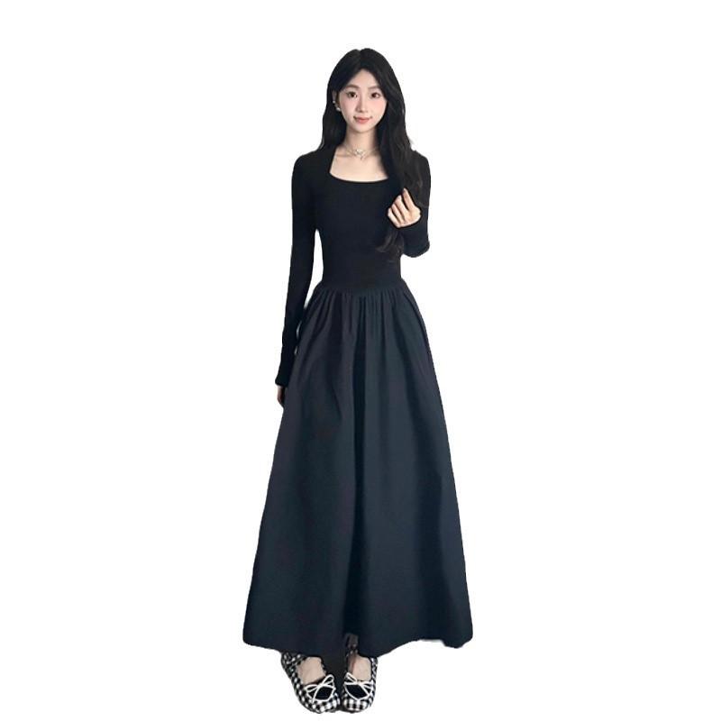 Black Knitted Dress Women's Spring and Autumn Hepburn Style Small Man Long Sleeves Waist Slim Autumn and Winter Interior with Retro